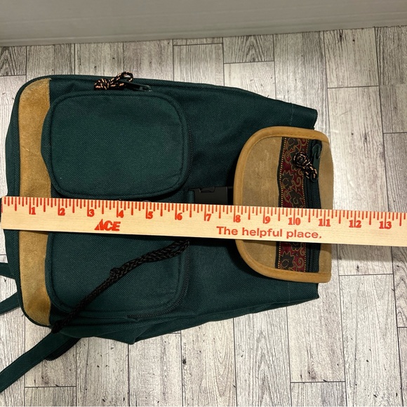 Vintage 90s Mini Backpack Purse Green Faux Suede Floral Pockets Zipper Strap - Picture 8 of 10